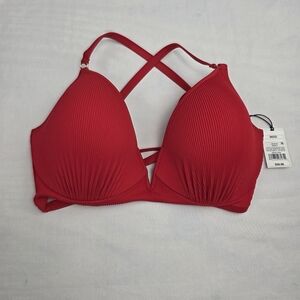 Red Spagetti Laced Back Ribbed Lined Bikini Top 36DD Rouching Plunge Swim Suit